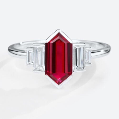 Lab Ruby Ring Unique Long Hexagon Cut Ruby Engagement Rings White Gold