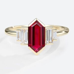 Lab Ruby Ring Unique Long Hexagon Cut Ruby Engagement Rings Yellow Gold