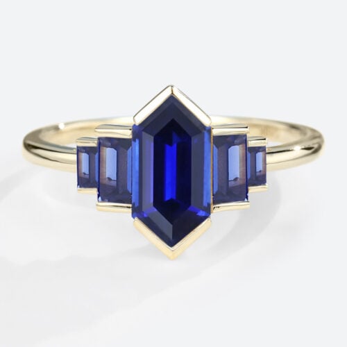 Long Hexagon Cut Lab Created Sapphire Engagement Rings Simple in yellow gold