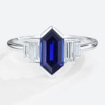 Long Hexagon Cut Lab Grown Sapphire with Moissanite Side Stone in white gold