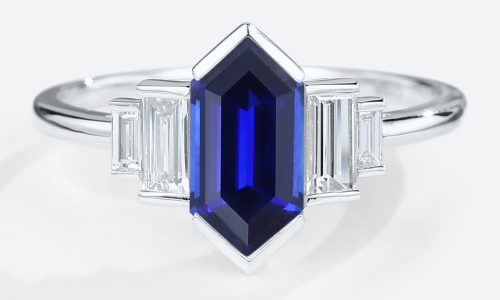 Long Hexagon Cut Lab Grown Sapphire with Moissanite Side Stone in white gold