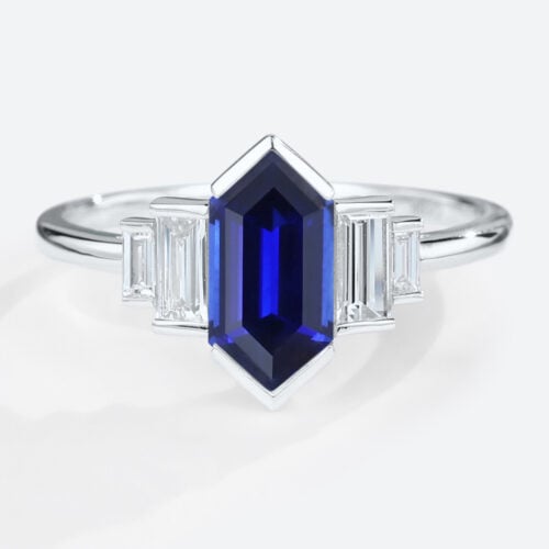 Long Hexagon Cut Lab Grown Sapphire with Moissanite Side Stone in white gold