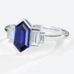 Long Hexagon Cut Lab Grown Sapphire with Moissanite Side Stone in white gold