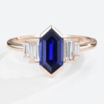 Long Hexagon Cut Lab Grown Sapphire with Moissanite Side Stone in rose gold
