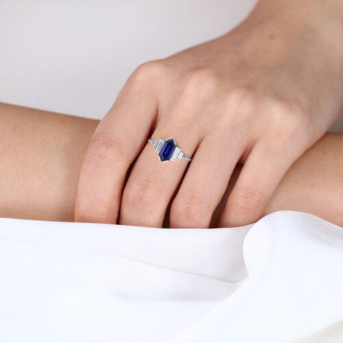 Long Hexagon Cut Lab Grown Sapphire with Moissanite Side Stone in white gold