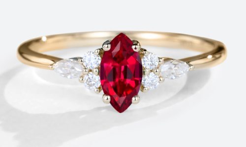 Lab Made Rubies Cluster Diamond Rings Vintage Style Engagement Rings in yellow gold