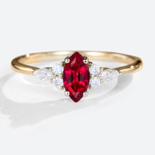 Lab Made Rubies Cluster Diamond Rings Vintage Style Engagement Rings in yellow gold