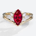 Lab Ruby Ring Ladies Cluster Engagement Ring with Curved Solid Band in Yellow Gold