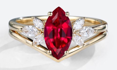 - marquise lab ruby cluster ring - lab grown ruby engagement ring with moissanite - curved gold ruby wedding ring set