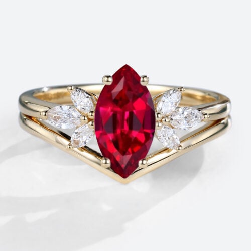 Lab Ruby Ring Ladies Cluster Engagement Ring with Curved Solid Band in Yellow Gold
