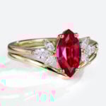 Lab Ruby Ring Ladies Cluster Engagement Ring with Curved Solid Band in Yellow Gold