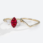 Lab Ruby Ring Ladies Cluster Engagement Ring with Curved Solid Band in Yellow Gold
