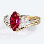 Lab Ruby Ring Ladies Cluster Engagement Ring with Curved Solid Band in Yellow Gold