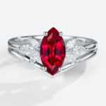 Lab Ruby Ring Ladies Cluster Engagement Ring with Curved Solid Band in White Gold