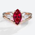 Lab Ruby Ring Ladies Cluster Engagement Ring with Curved Solid Band in Rose Gold