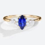 Vintage Marquise Lab Sapphire Ring Petite Bridal Cluster Diamond Ring in yellow gold