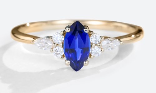 Vintage Marquise Lab Sapphire Ring Petite Bridal Cluster Diamond Ring in yellow gold