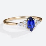 Vintage Marquise Lab Sapphire Ring Petite Bridal Cluster Diamond Ring in yellow gold