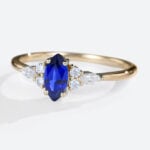 Vintage Marquise Lab Sapphire Ring Petite Bridal Cluster Diamond Ring in yellow gold