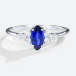 Vintage Marquise Lab Sapphire Ring Petite Bridal Cluster Diamond Ring in white gold