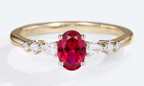 Yellow Gold Oval Cut Lab Grown Ruby Ring 0.8ct Cluster Engagement Rings