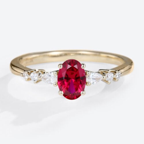 Yellow Gold Oval Cut Lab Grown Ruby Ring 0.8ct Cluster Engagement Rings