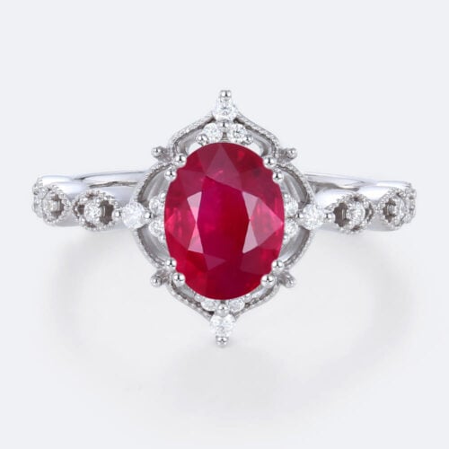 White Gold Oval Lab Grown Ruby Ring 1.3ct Vintage-Inspired Engagement Rings