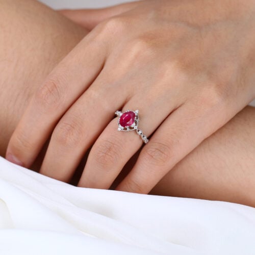 White Gold Oval Lab Grown Ruby Ring 1.3ct Vintage-Inspired Engagement Rings