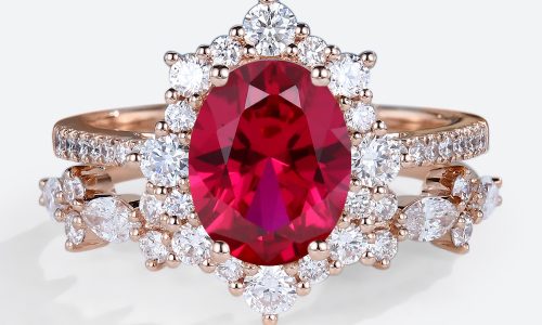 Rsoe Gold 1.4CT Oval Cut Lab Grown Ruby Sets with Straight Stacking Band