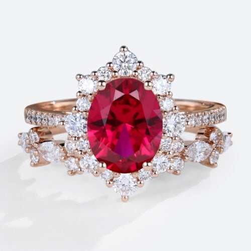 Rsoe Gold 1.4CT Oval Cut Lab Grown Ruby Sets with Straight Stacking Band