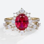 Yellow Gold 1.4CT Oval Cut Lab Grown Ruby Sets with Straight Stacking Band