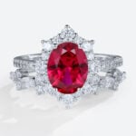 White Gold 1.4CT Oval Cut Lab Grown Ruby Sets with Straight Stacking Band