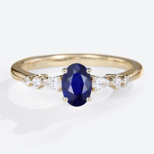 Yellow Gold Oval Lab Grown Sapphire Ring 0.8ct Cluster Engagement Rings