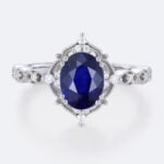 White Gold Oval Lab Grown Sapphire Ring Vintage-Inspired Milgrain Bridal Ring