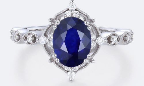 White Gold Oval Lab Grown Sapphire Ring Vintage-Inspired Milgrain Bridal Ring