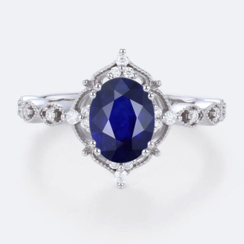 White Gold Oval Lab Grown Sapphire Ring Vintage-Inspired Milgrain Bridal Ring