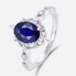 White Gold Oval Lab Grown Sapphire Ring Vintage-Inspired Milgrain Bridal Ring