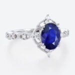 White Gold Oval Lab Grown Sapphire Ring Vintage-Inspired Milgrain Bridal Ring