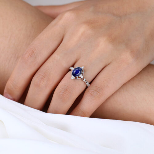 White Gold Oval Lab Grown Sapphire Ring Vintage-Inspired Milgrain Bridal Ring
