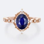Rose Gold Oval Lab Grown Sapphire Ring Vintage-Inspired Milgrain Bridal Ring