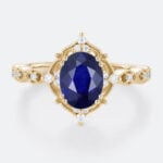 Yellow Gold Oval Lab Grown Sapphire Ring Vintage-Inspired Milgrain Bridal Ring
