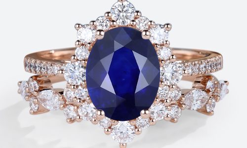 rose gold 1.4ct Oval Cut Lab Grown Sapphire Ring Set with Straight Stacking Band