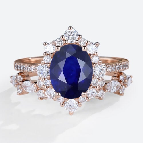 rose gold 1.4ct Oval Cut Lab Grown Sapphire Ring Set with Straight Stacking Band