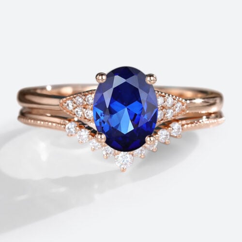 Oval Cut Lab Grown Sapphire​ Ring Set with Curved Wedding Band