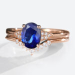 Oval Cut Lab Grown Sapphire​ Ring Set with Curved Wedding Band
