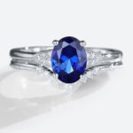 Oval Cut Lab Grown Sapphire​ Ring Set with Curved Wedding Band