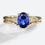 Oval Cut Lab Grown Sapphire​ Ring Set with Curved Wedding Band