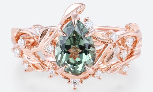 Pear Cut Green Sapphire​ Rose Gold Nature Inspired Engagement Rings Set
