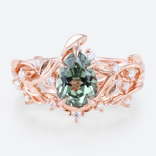 Pear Cut Green Sapphire​ Rose Gold Nature Inspired Engagement Rings Set