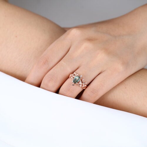 Pear Cut Green Sapphire​ Rose Gold Nature Inspired Engagement Rings Set